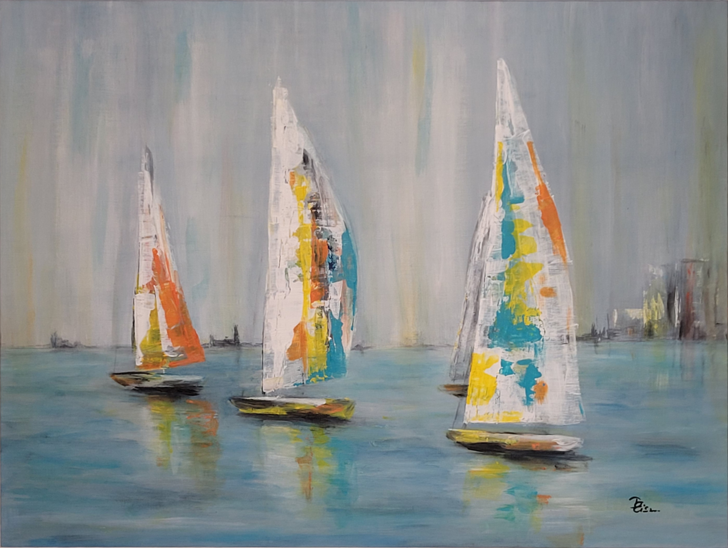 gemaltes Werk auf einer Malkarton - drei Segelschiffe in weiß, blau und gelb